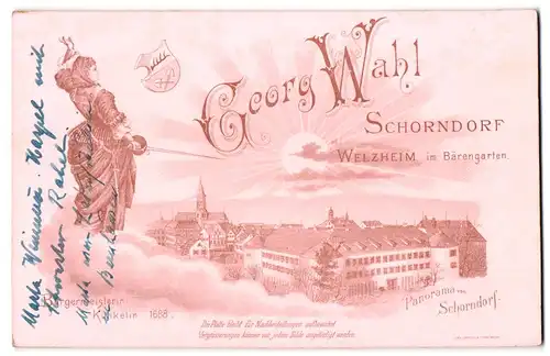 Fotografie Georg Wahl, Schorndorf, Ansicht Schorndorf, Panorama vom Ort mit Studentin samt Degen, Wappen