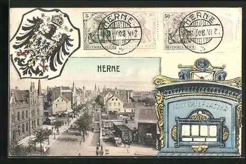 AK Herne, Strassenpartie aus der Vogelschau, Briefkasten, Wappen