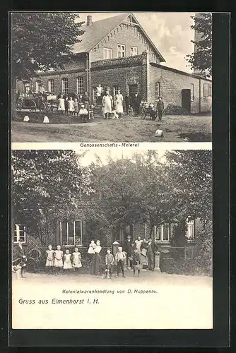 AK Elmenhorst i. H., Kolonialwarenhandlung von D. Nuppenau, Genossenschafts-Meierei