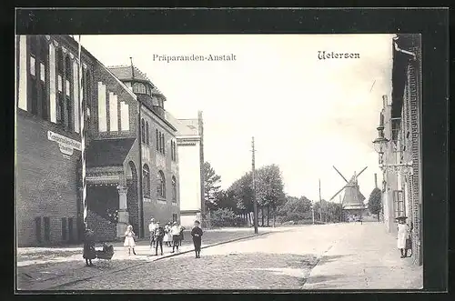 AK Uetersen, Strassenpartie mit Präparanden-Anstalt und Windmühle