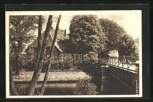 AK Brenneckenbrück im Allertal b. Gifhorn, Uferpartie mit Brücke