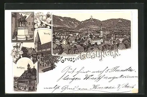 Lithographie Geislingen, Kirche, Rathaus, Kaiser Wilhelm I. Denkmal