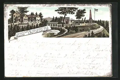 Lithographie Bad Harzburg, Hotel Burgberg mit Canossasäule und Brocken