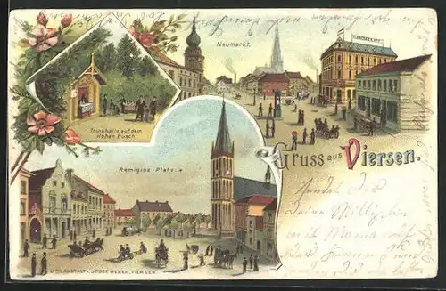 Lithographie Viersen, Neumarkt mit Hotel Viersener Hof, Trinkhalle auf dem Hohen Busch, Remigius-Platz