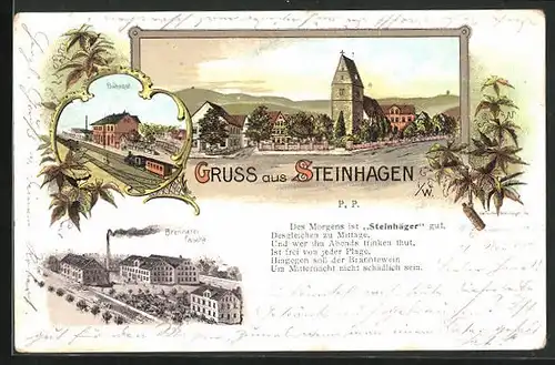Lithographie Steinhagen i. W., Brennerei Tasche, Bahnhof, Strassenpartie mit Kirche
