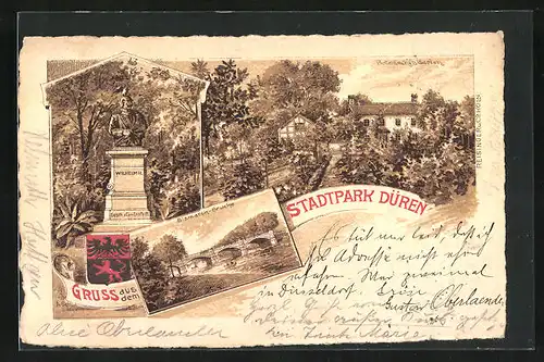 Lithographie Düren, Botanischer Garten, Bismarck-Brücke, Denkmal Wilhelm II. im Stadtpark