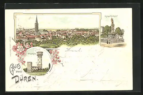 Lithographie Düren, Teilansicht, Wasserturm, Kriegerdenkmal