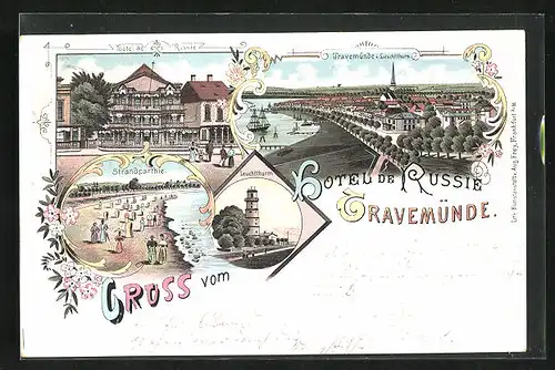Lithographie Travemünde, Hôtel de Russie, Strandpartie, Leuchtturm