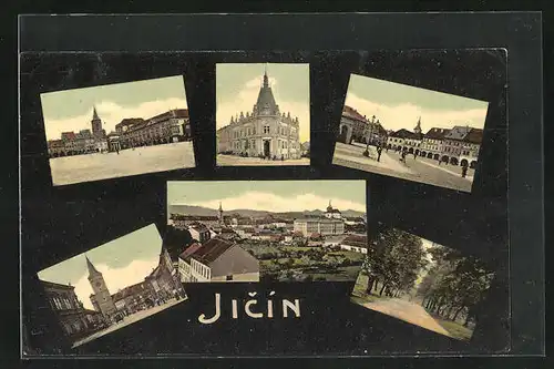 AK Jitschin / Gitschin / Jicin, Ortsansicht mit Kirche und Platz