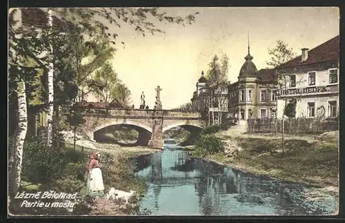 AK Lazne Belohrad, Ortspartie mit Fluss und Brücke