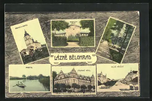 AK Lazne Belohrad, Ortsansicht mit Park und Hotel, Lázensky Hotel