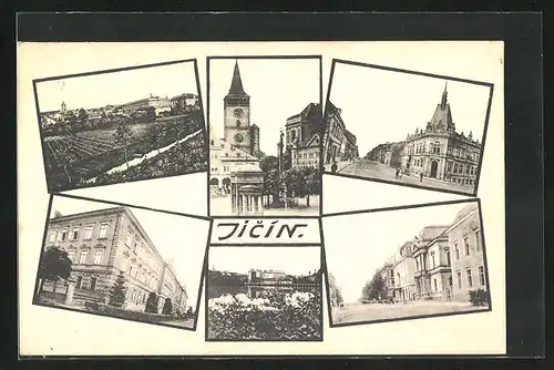 AK Jitschin / Gitschin / Jicin, Ortsansicht mit Strasse und Kirche