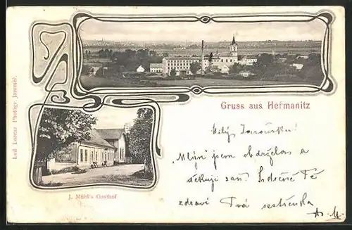 AK Hermanitz, J. Mühl`s Gasthof, Panorama