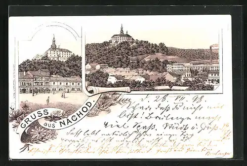 Lithographie Nachod, Ortspartie mit Schloss, Totalansicht
