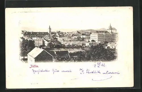 AK Jitschin / Gitschin / Jicin, Teilansicht der Stadt mit Kirche