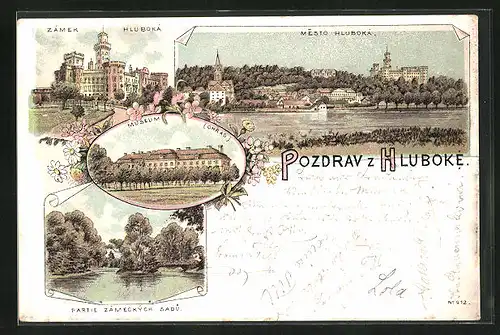 Lithographie Hluboka, Museum, Zámek Hluboká, Partie Zámeckých Sadu