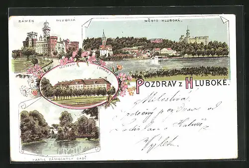 Lithographie Hluboka, Museum Ohrad, Zámek Hluboká, Partie Zámeckých Sadu