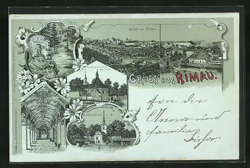 Mondschein-Lithographie Rimau, Wallfahrtskirche, Ölberg, Kreuzgang vor der Lorette