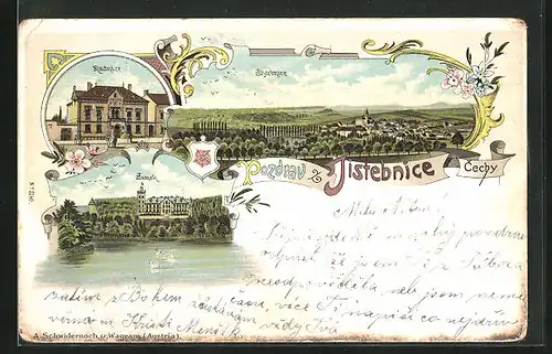 Lithographie Jistebnice, Schloss mit Schwanensee, Rathaus, Gesamtansicht