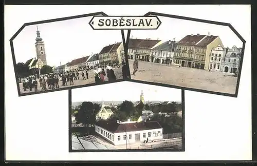 AK Sobeslav, Marktplatz mit Geschäften und Kirche