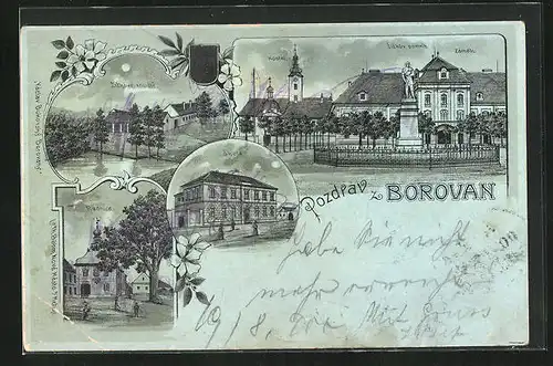 Mondschein-Lithographie Borovany, Zizkovo rodiste, Radnice, Skola