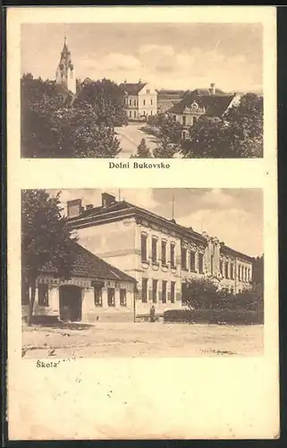 AK Dolní Bukovsko, Schule und Kirchplatz