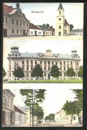AK Mezimostí, Rathaus, Kirche und Marktplatz