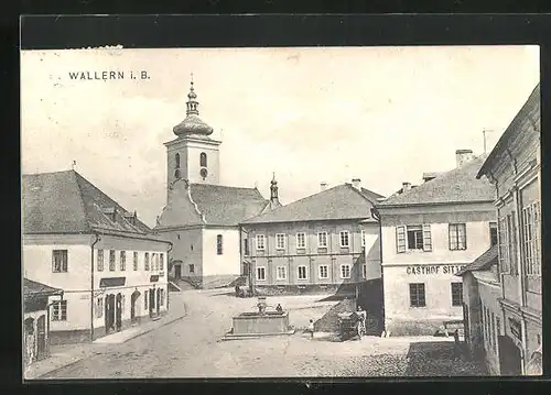 AK Wallern, Ring, Kirche, Brunnen