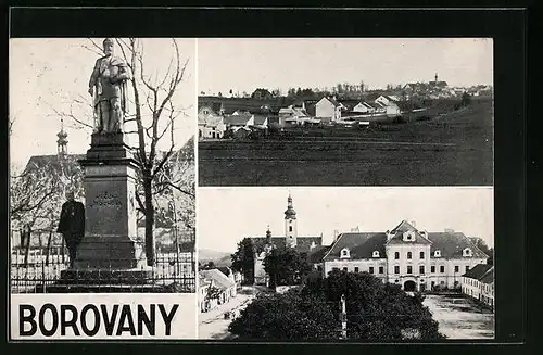 AK Borovany, Marktplatz, Denkmal, Gesamtansicht