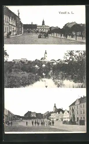 AK Veselí n. L., Marktplatz mit Rathaus, Partie am See