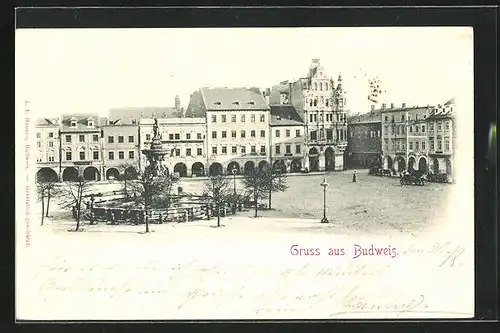AK Budweis / Ceske Budejovice, Ringplatz, Brunnen