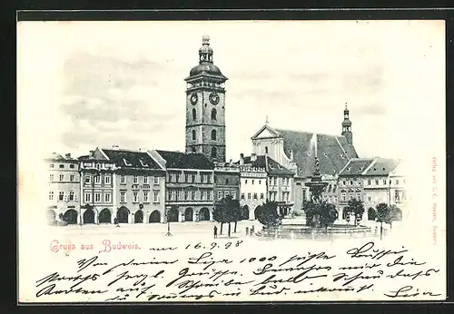 AK Budweis / Ceske Budejovice, Ringplatz, Rathaus, Brunnen