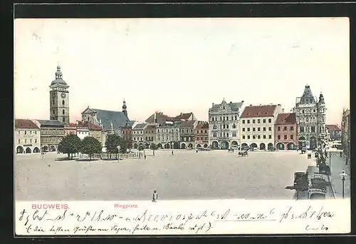 AK Budweis / Ceske Budejovice, Ringplatz, Brunnen, Rathaus