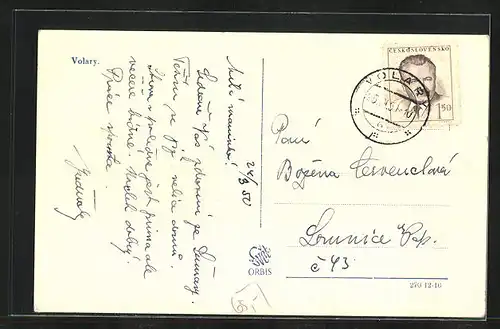 AK Volary, Strassenpartie mit Gebäudeansicht