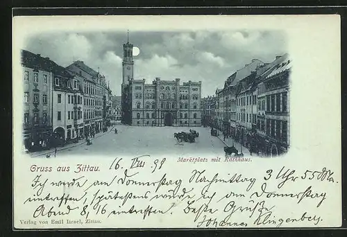 Mondschein-AK Zittau, Marktplatz mit Rathaus bei Nacht