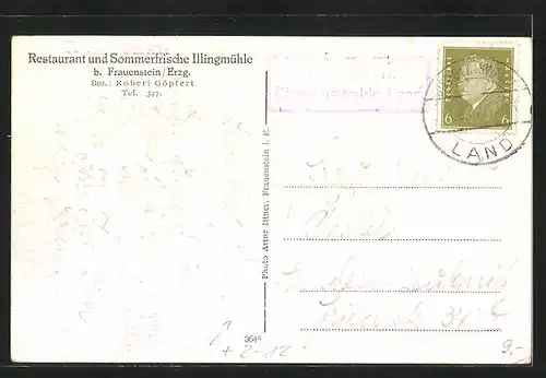 AK Frauenstein im Erzgeb., Restaurant Illingmühle, Landpoststempel