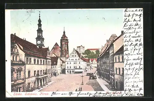 AK Pirna /Sächs. Schweiz, Marktplatz mit Kirche und Rathaus