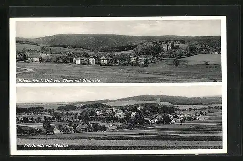 AK Friedenfels, Panorama von Süden mit Steinwald, Ortsansicht von Westen