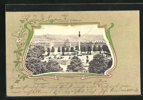 AK Stuttgart, Neues Schlos mit Schlossplatz im Passepartoutrahmen