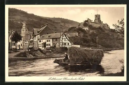 AK Heimbach /Eifel, Uferpartie und Ochsenwagen