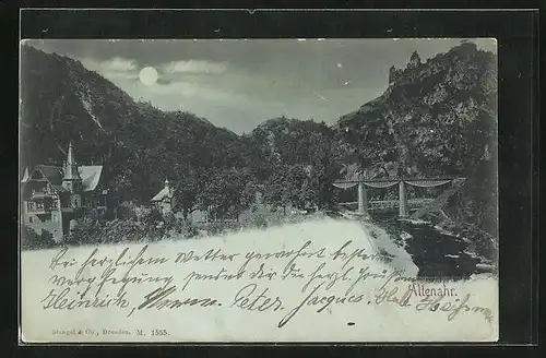 Mondschein-AK Altenahr, Uferpartie mit Brücke