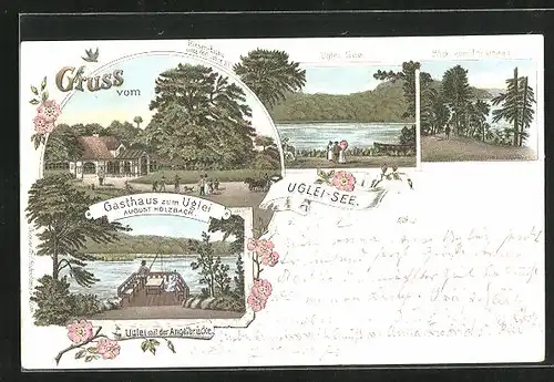 Lithographie Eutin, Gasthaus zum Uglei, Angelbrücke am Ugleisee