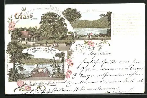 Lithographie Eutin, Gasthaus zum Uglei, Angelbrücke am Ugleisee