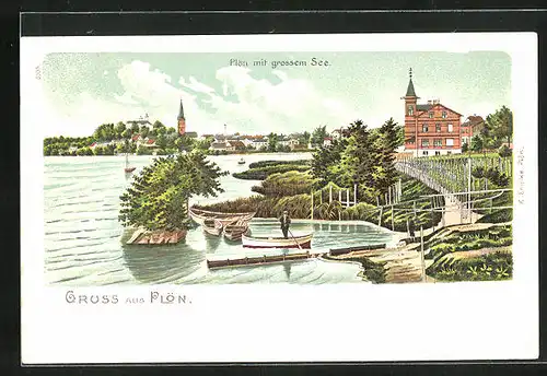 Lithographie Plön, Totalansicht mit grossem See