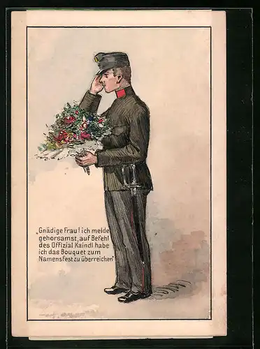Handzeichnung Österreichischer Soldat mit Blumenbouquet