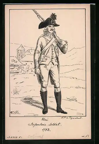 Handzeichnung / Ansichtskarten-Entwurf Uri, Infanterie-Soldat 1793, Künstler: A. P. n. Feyerabend