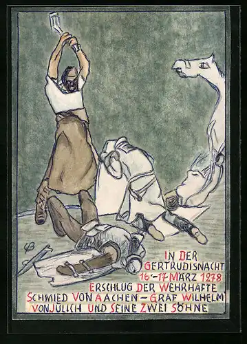 Handzeichnung / Ansichtskarten-Entwurf Aachen, Der wehrhafte Schmied