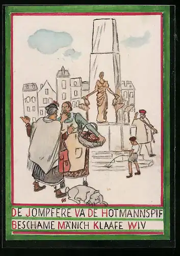Handzeichnung / Ansichtskarten-Entwurf Aachen, Strasse a. d. Hotmannspief mit Mundart