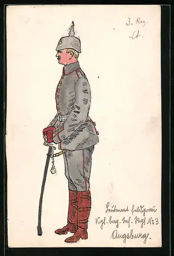 Handzeichnung Leutnant in Feldgrau v. Kgl. bay. Inf. Rgt. No. 3 Augsburg