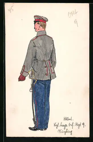 Handzeichnung Kgl. bayr. Inf. Rgt. 9 Würzburg, Oberleutnant